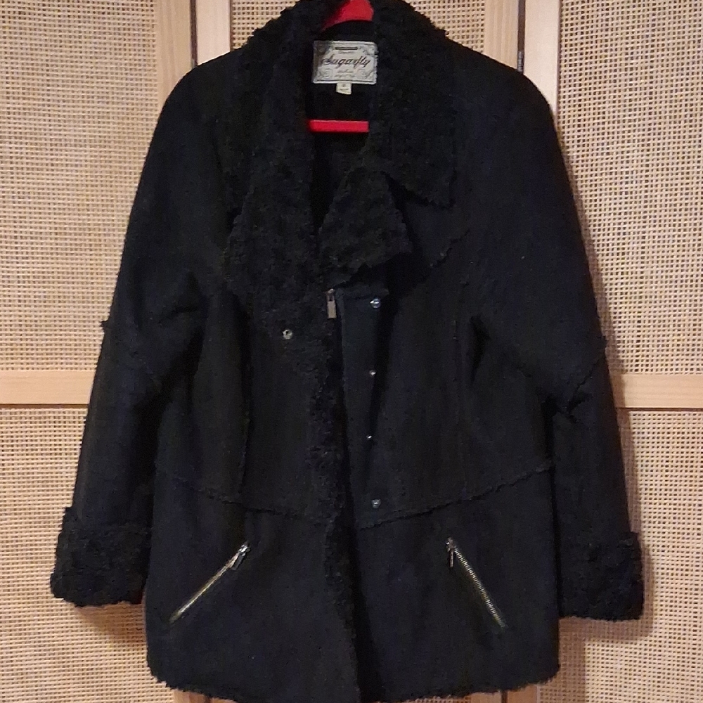 Sugarfly Black Faux Suede, Fur Collar Lined Trim Bohemian Winter Jacket 1X